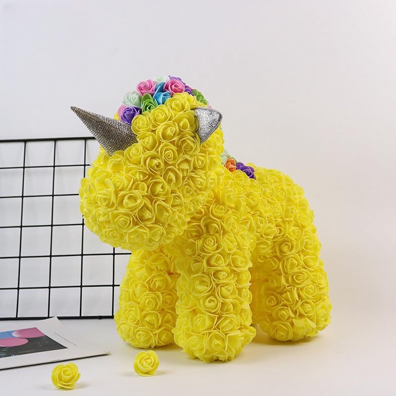 Yellow rose unicorn sculpture made with artificial flowers, ideal for children's rooms, baby showers, or as a whimsical gift for unicorn lovers