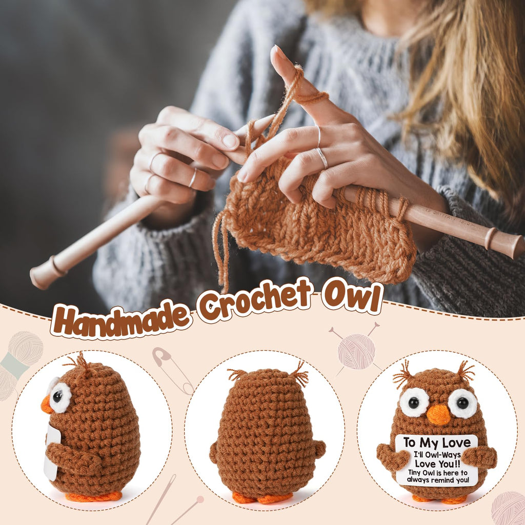 Handmade crochet owl plush detail with front side and back views