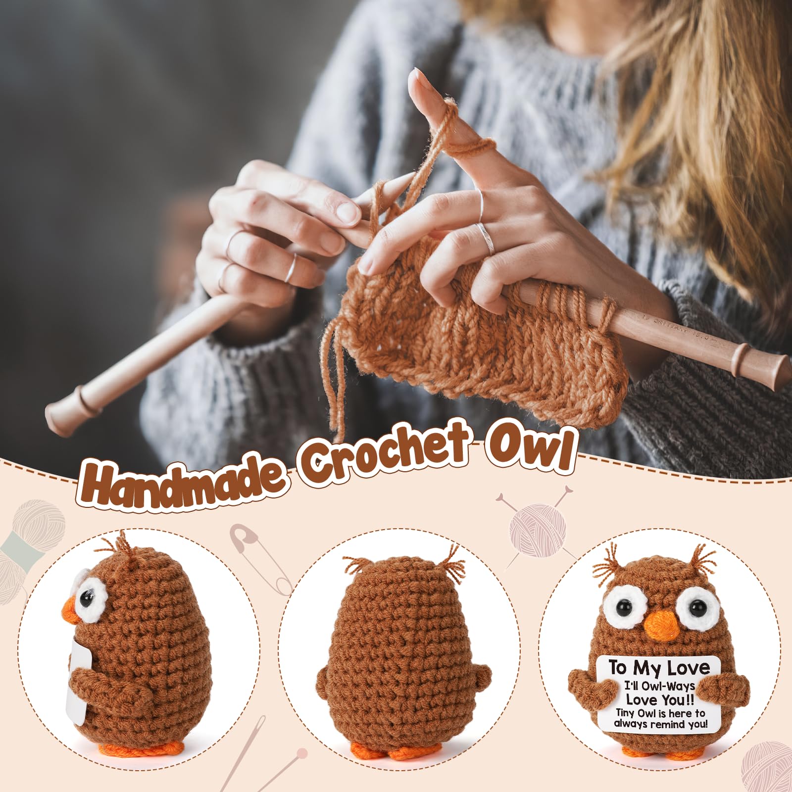Handmade crochet owl plush detail with front side and back views