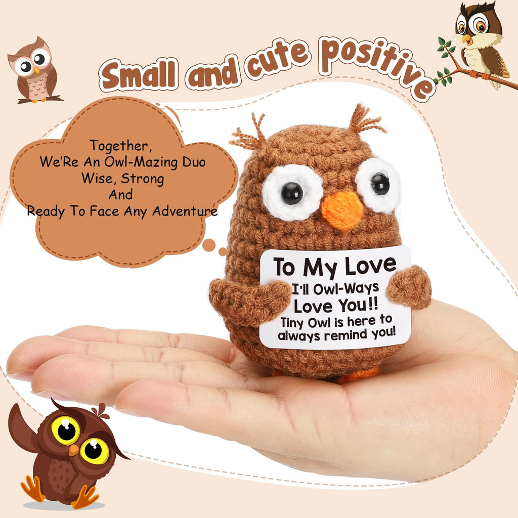 Tiny crochet owl plush on hand with love message