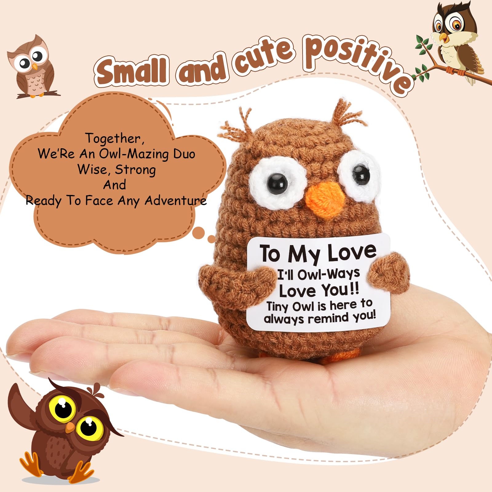 Tiny crochet owl plush on hand with love message