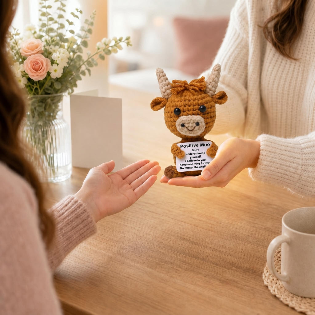 Positive Moo highland cow being handed as a heartfelt gift
