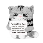 Gray Pawsitive Cat crochet plush with positive encouragement message card