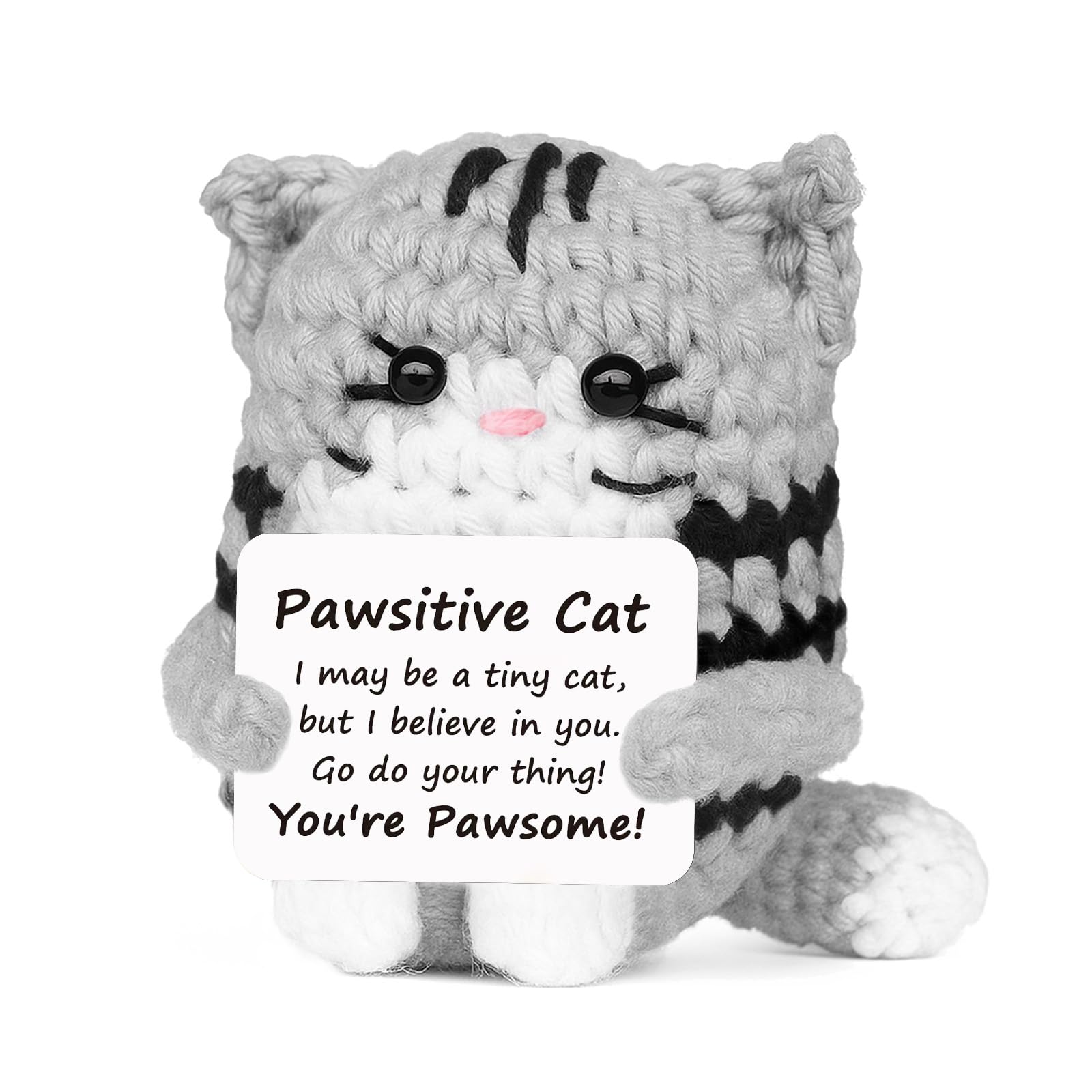 Gray Pawsitive Cat crochet plush with positive encouragement message card