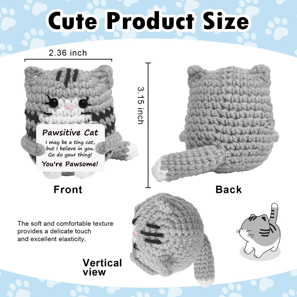 Pawsitive Cat crochet plush size chart, front back and top view