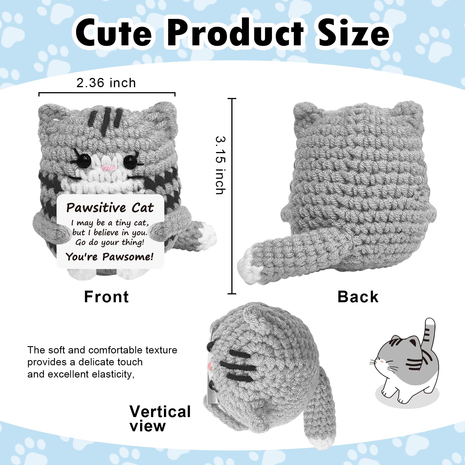 Pawsitive Cat crochet plush size chart, front back and top view