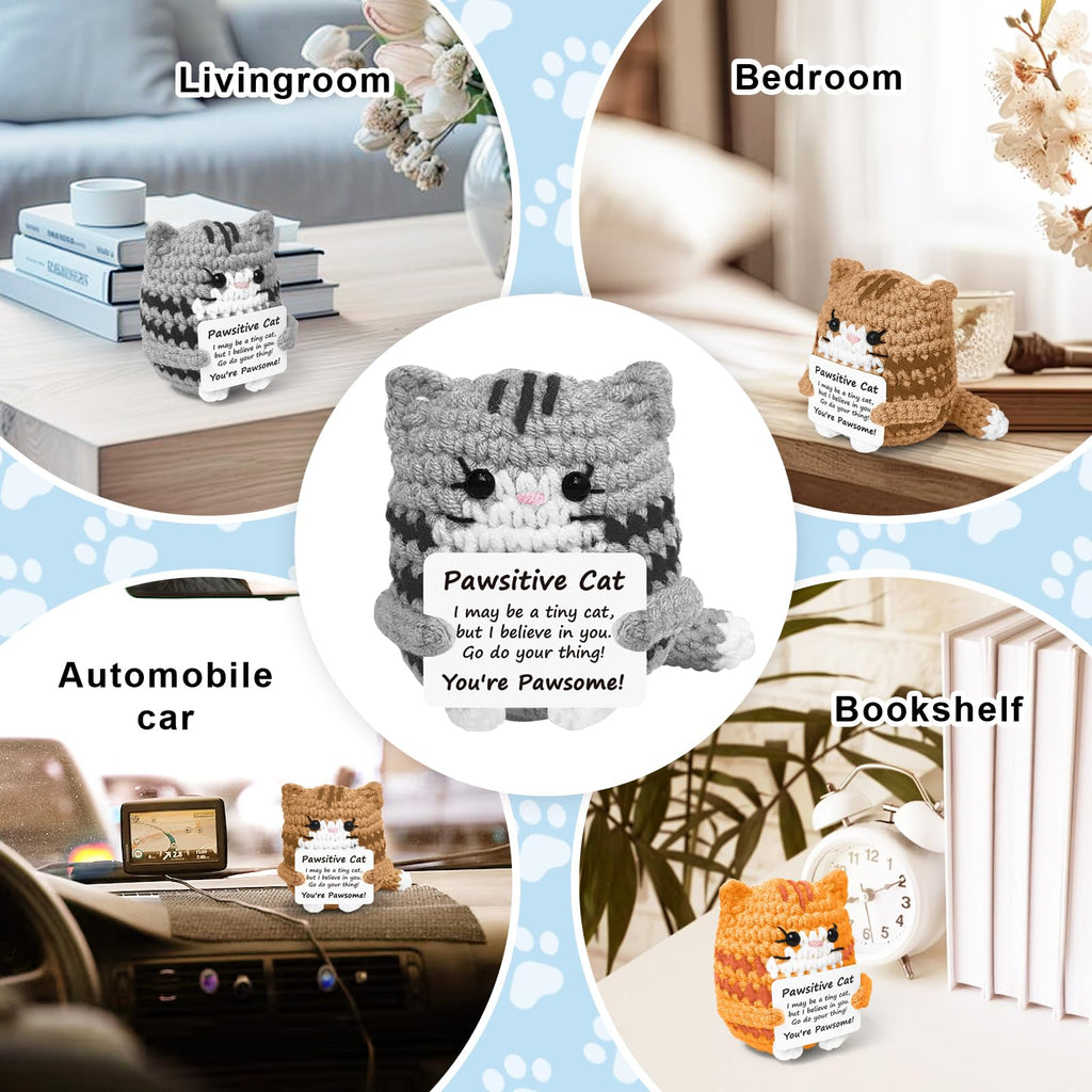 Pawsitive Cat crochet plush decoration ideas for living room, bedroom, car, and bookshelf