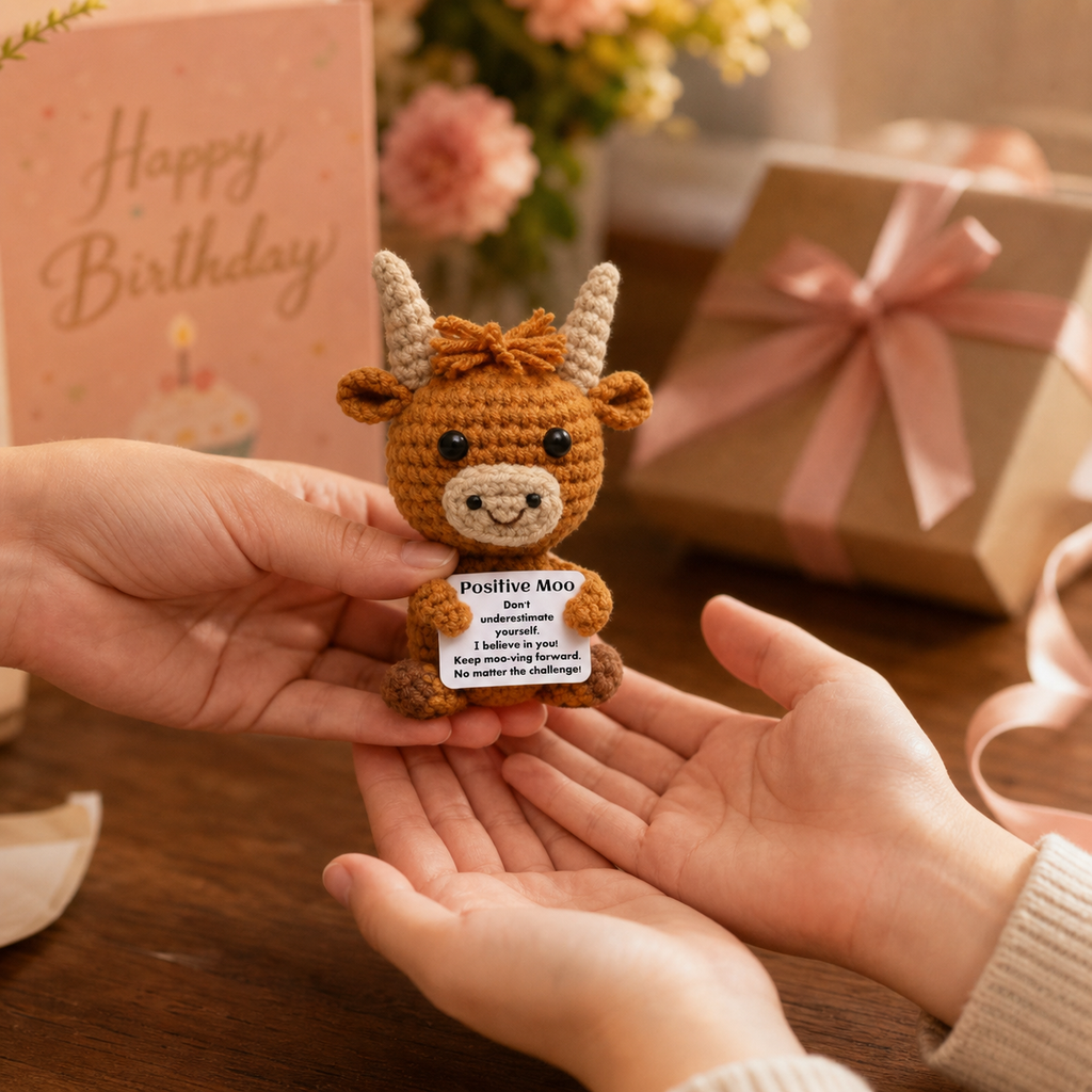 Positive Moo highland cow birthday gift scene