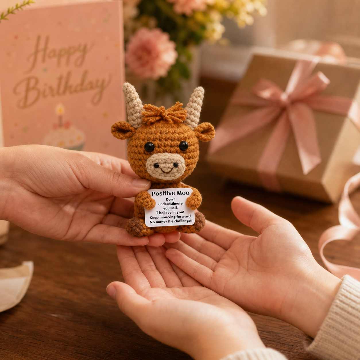 Positive Moo highland cow birthday gift scene
