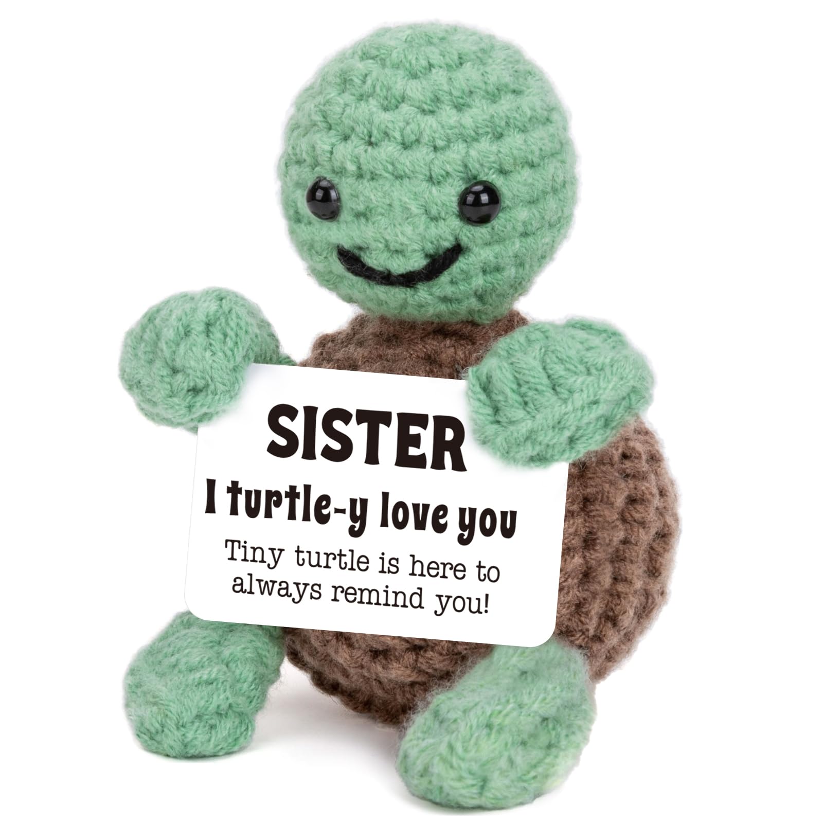Cute crochet turtle gift for sister – handmade plush with heartfelt “I turtle-y love you” message for sisters