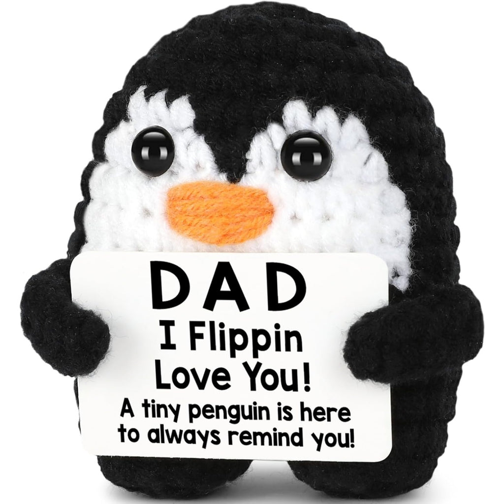 Cute crochet penguin gift for dad – funny and heartfelt handmade plush with I Flippin Love You message
