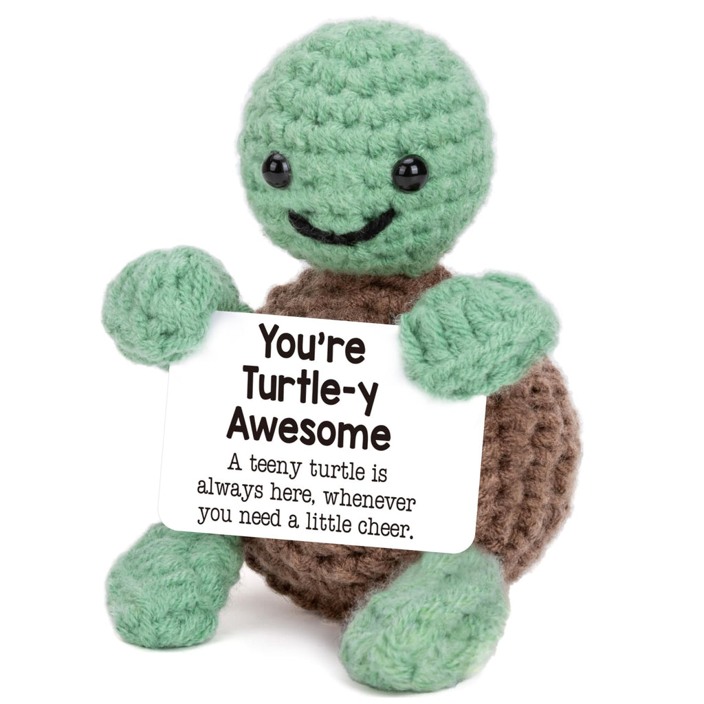 Amigurumi turtle plush with “You’re Turtley Awesome” card – cute handmade gift for motivation or appreciation