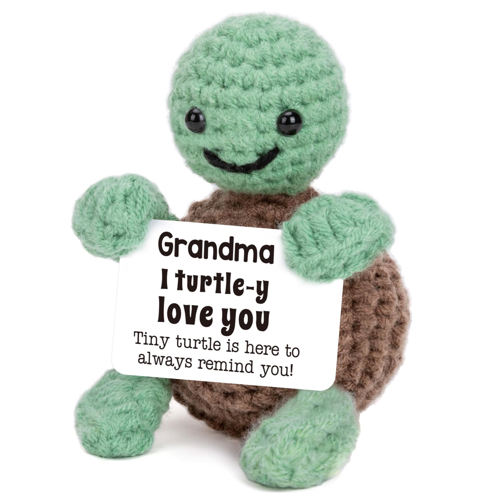 Sweet handmade turtle gift for grandma – crochet plush with I turtle-y love you message, great for grandmothers