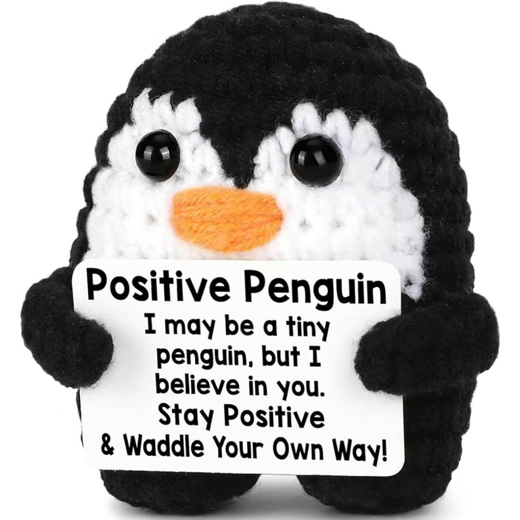 Motivational crochet penguin plush – handmade encouragement gift with positive affirmation message