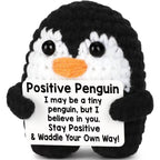 Motivational crochet penguin plush – handmade encouragement gift with positive affirmation message