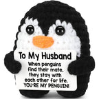 Crochet penguin stuffed animal with love message – romantic gift idea for husband on anniversary or Valentine’s Day