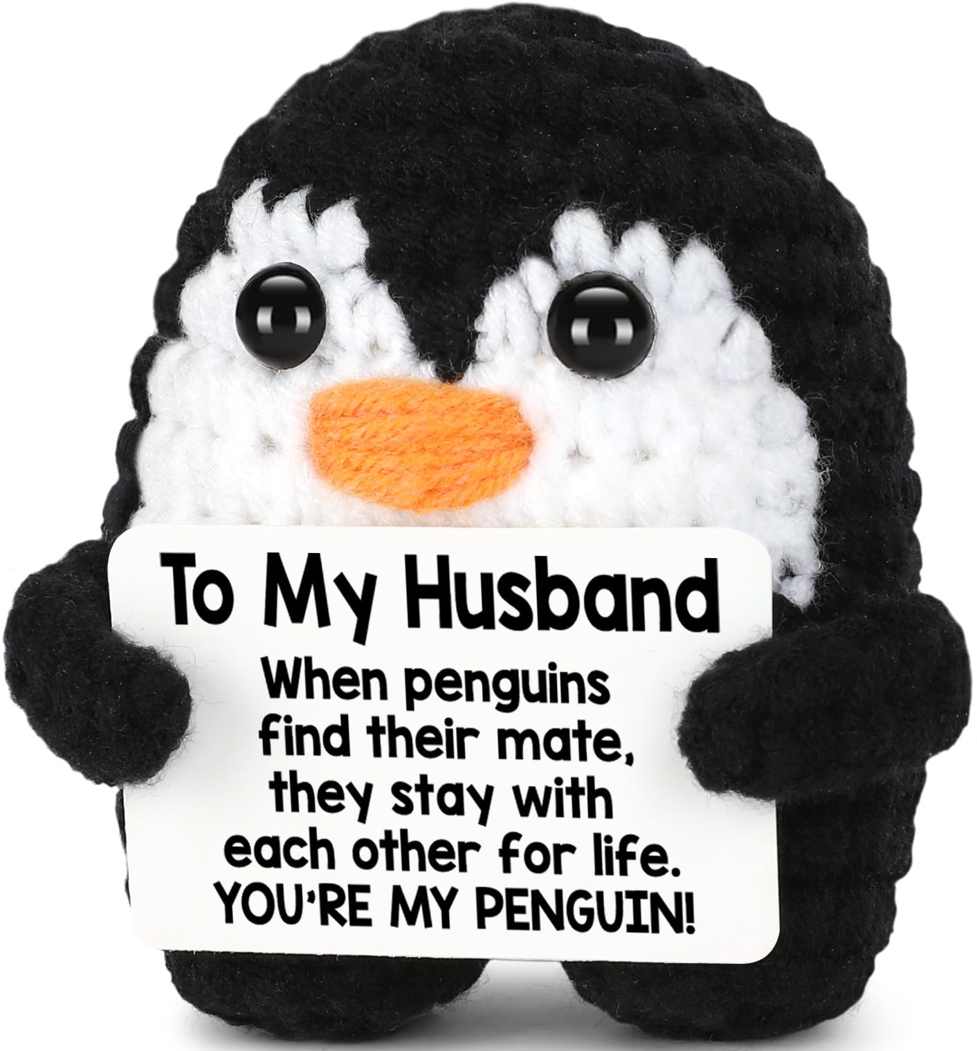 Crochet penguin stuffed animal with love message – romantic gift idea for husband on anniversary or Valentine’s Day