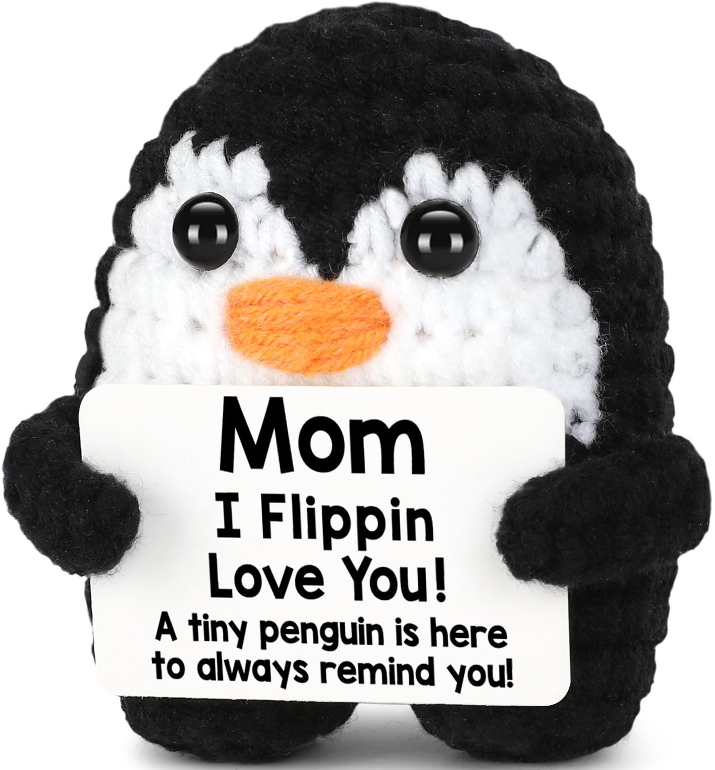 Handmade crochet penguin for mom – sweet gift with loving message, perfect for Mother’s Day or birthday