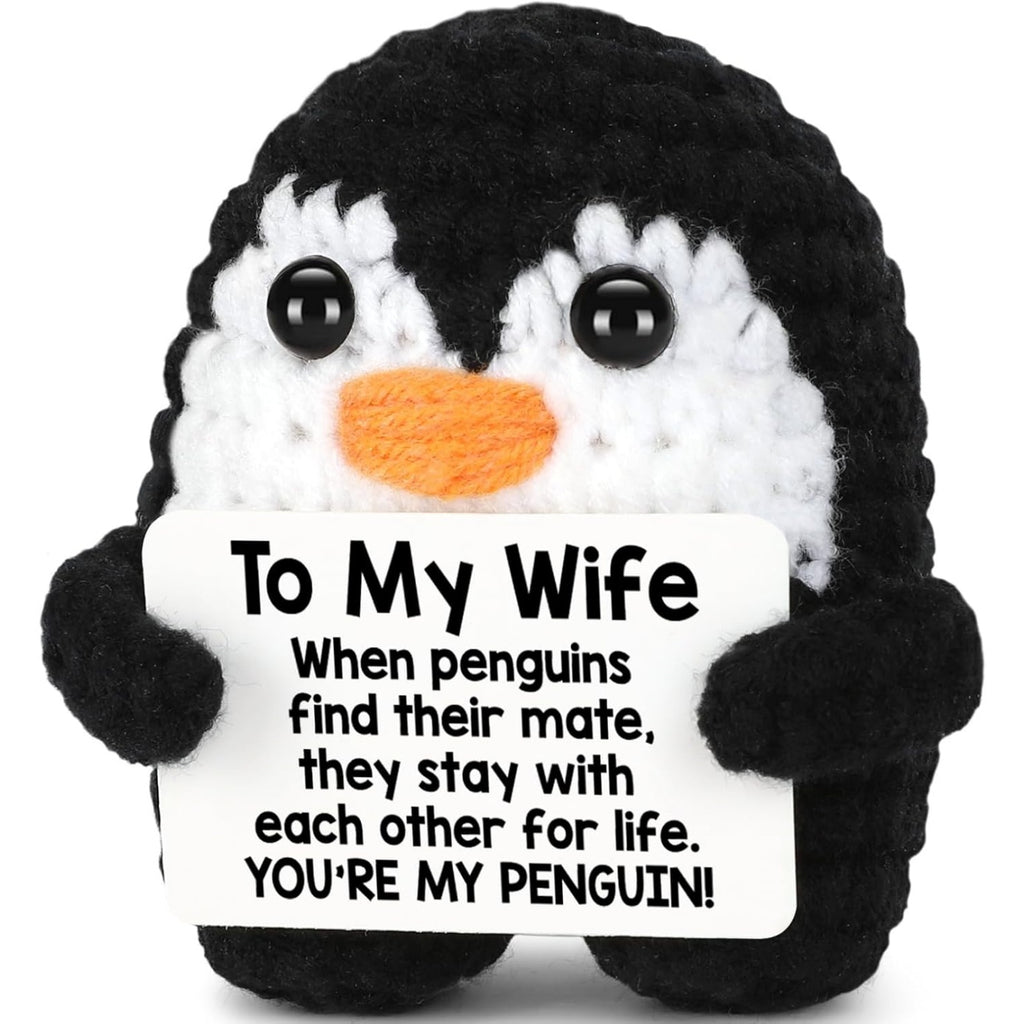 Crochet penguin with heartfelt message for wife – handmade plush gift for birthday, anniversary, or Valentine’s