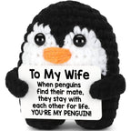Crochet penguin with heartfelt message for wife – handmade plush gift for birthday, anniversary, or Valentine’s