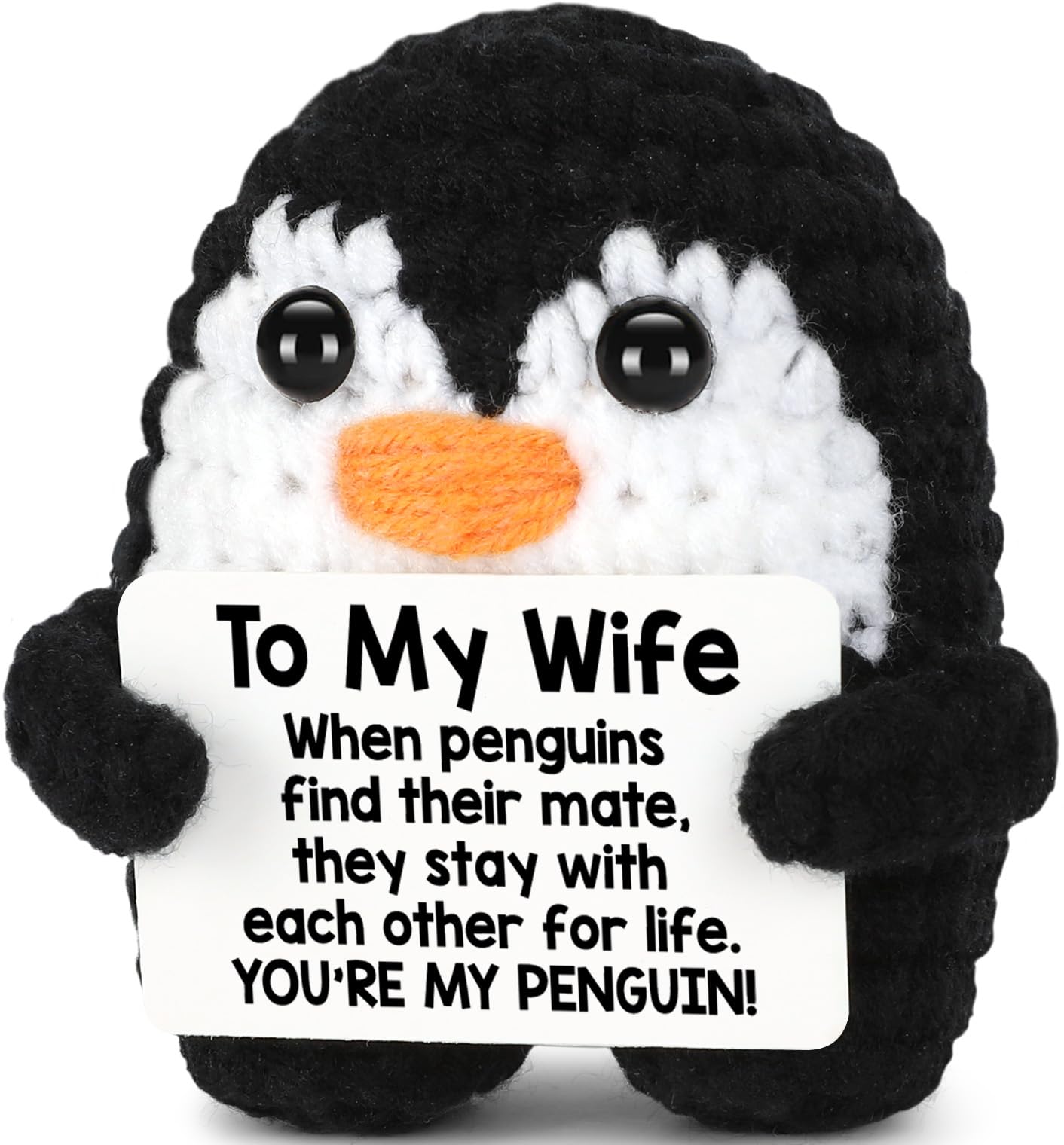 Crochet penguin with heartfelt message for wife – handmade plush gift for birthday, anniversary, or Valentine’s