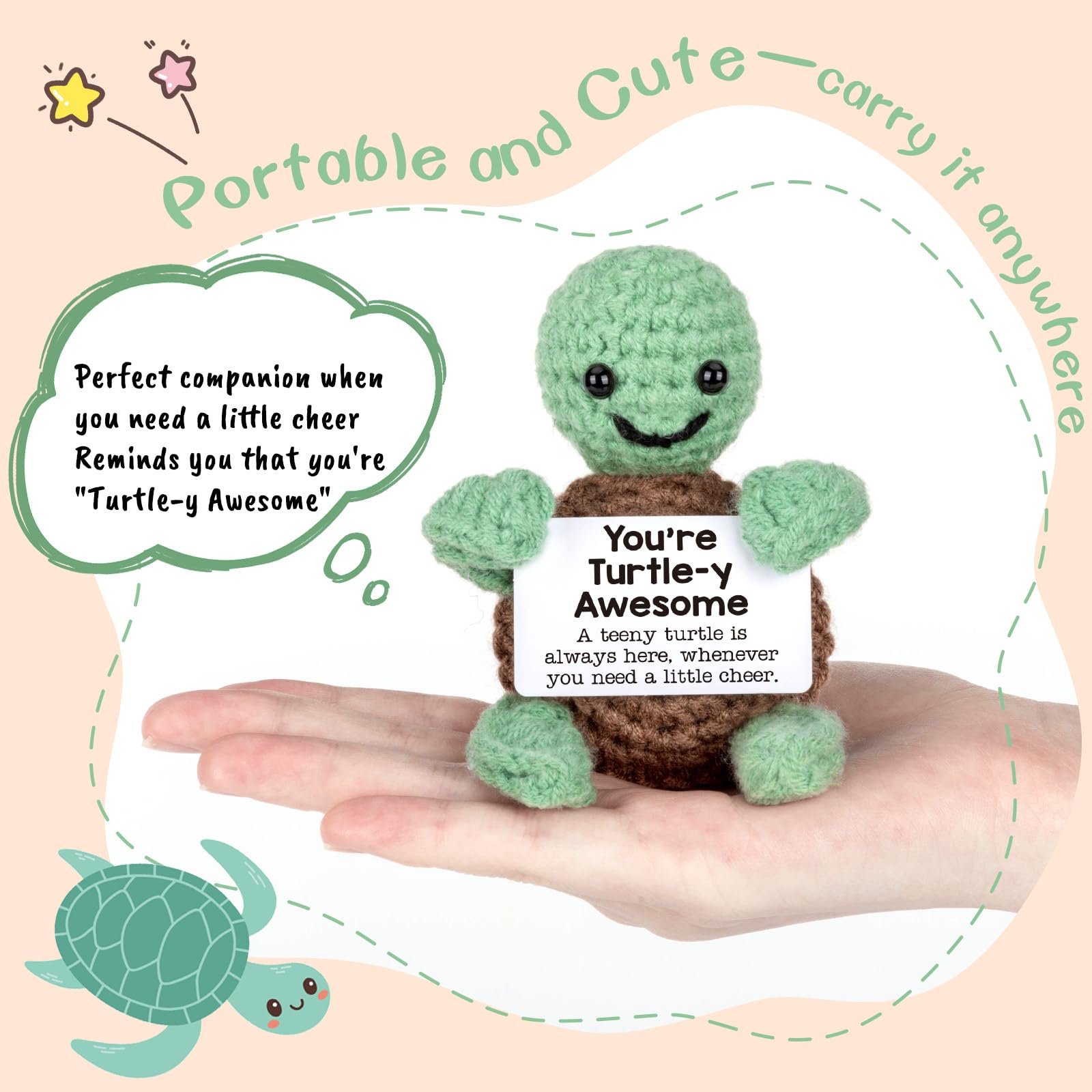 Mini crochet turtle shown in hand – portable, giftable, and packed with heartfelt messages