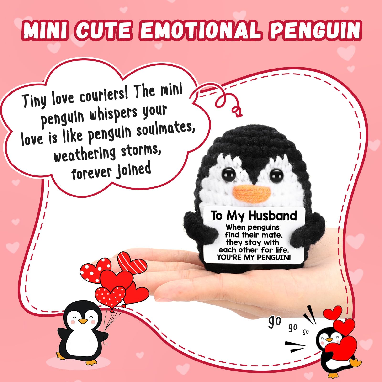 Handmade crochet penguin gift for husband – romantic and funny plush with heartfelt message, perfect for Valentine’s or anniversary