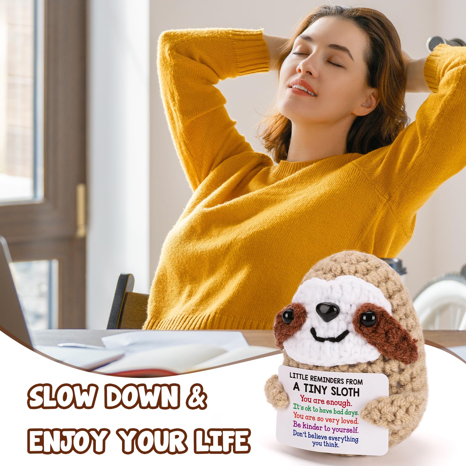 Tiny Crochet Sloth Plush – Handmade Gift with Positive Messages