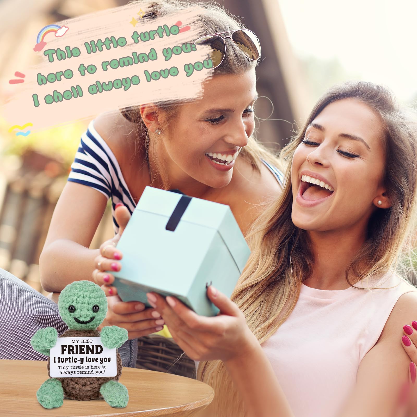 Happy couple opening turtle plush gift – emotional handmade present for loved ones, birthdays, or surprises