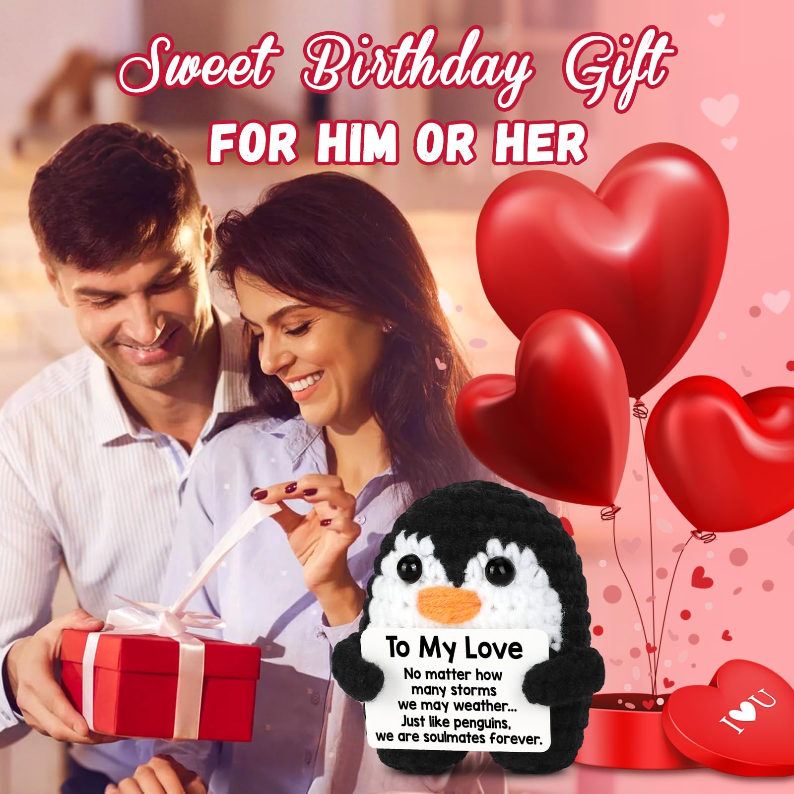 Romantic crochet penguin gift set for girlfriend – sweet Valentine’s Day idea with handmade plush and gift box