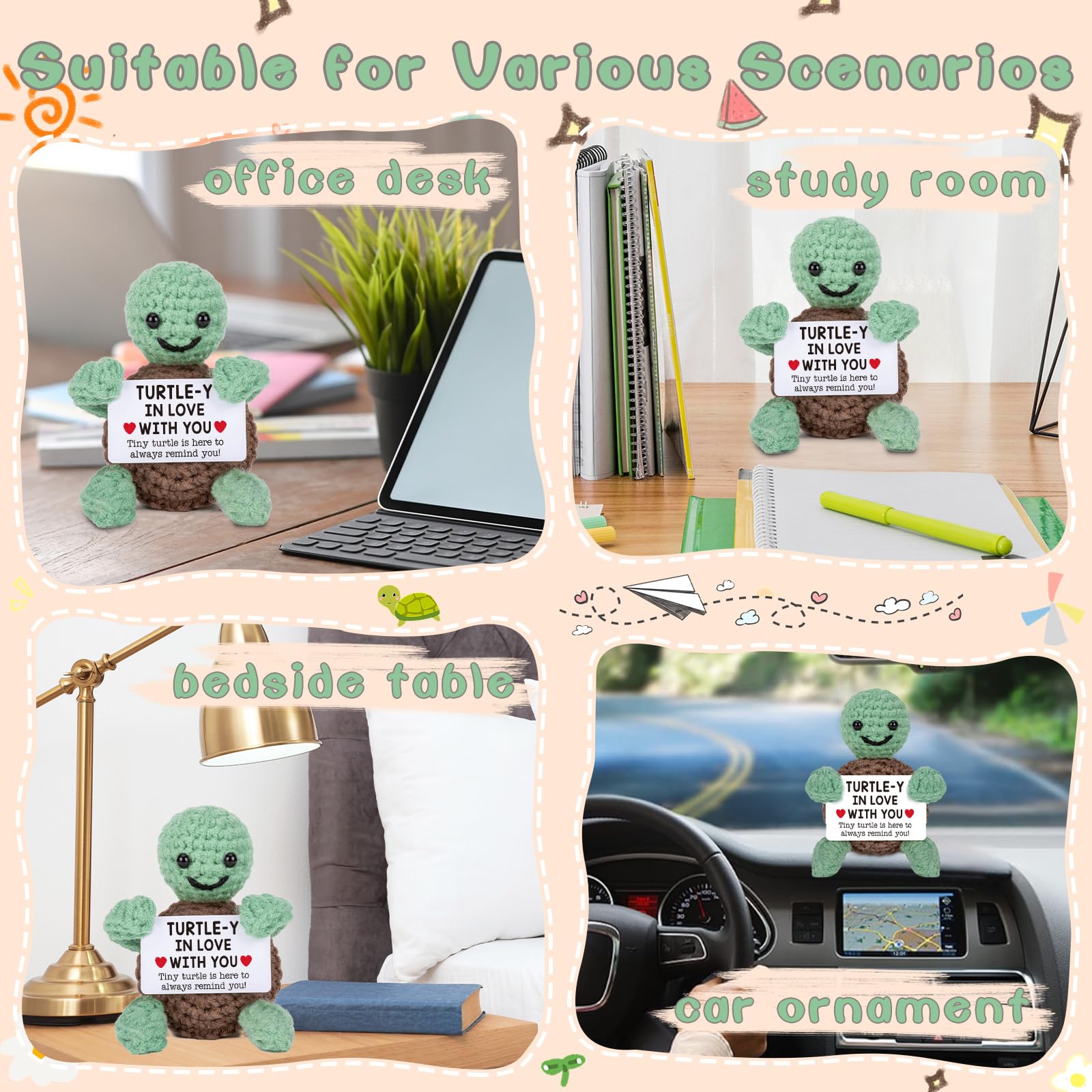 Crochet turtle plushes used as desk decor, gift box filler, and emotional tokens in real-life settings