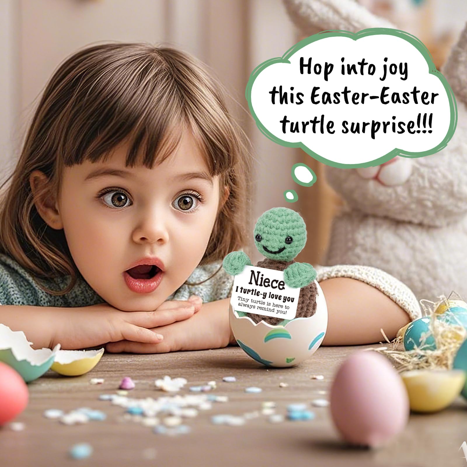 Little girl playing with crochet turtle – adorable handmade plush with uplifting message for kids