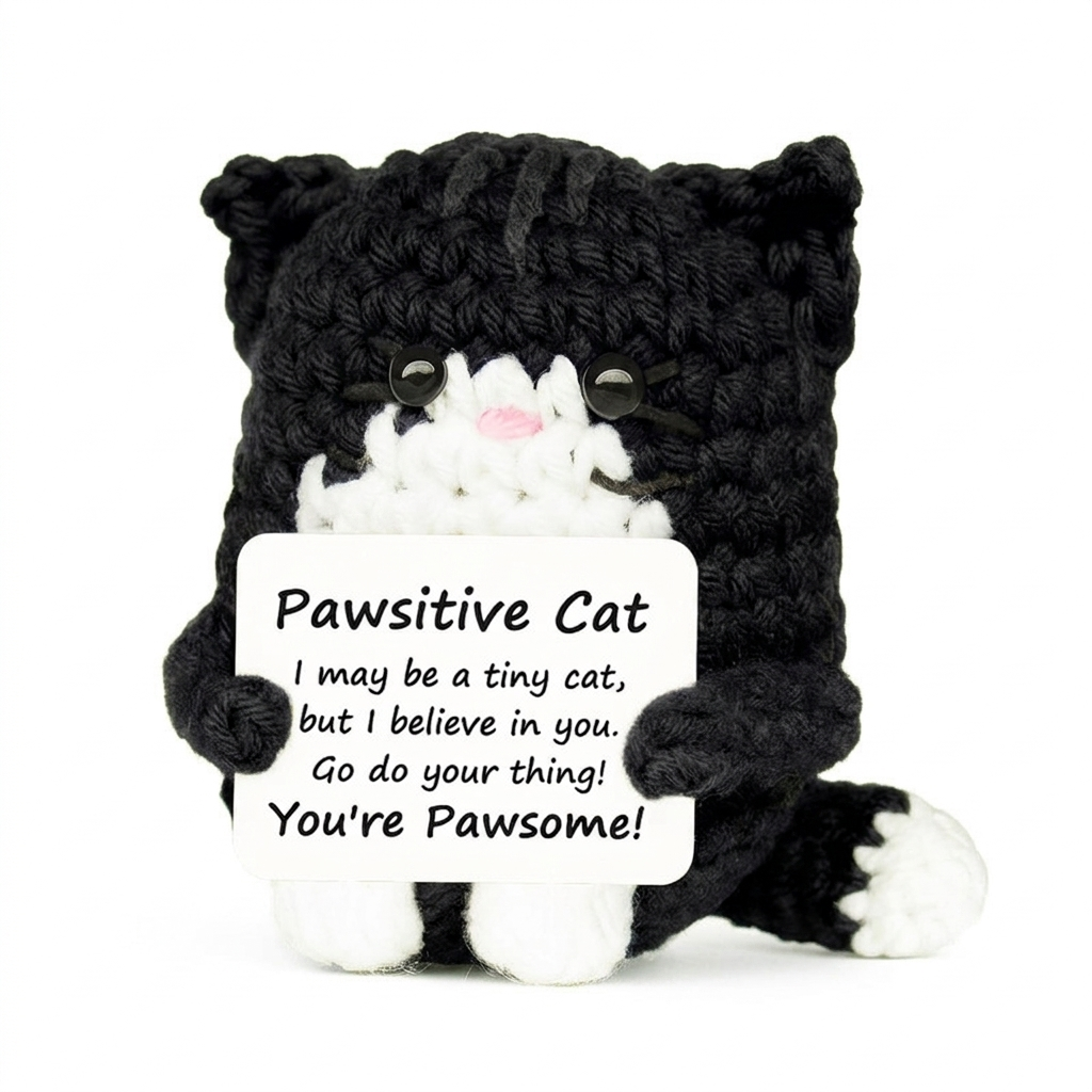Black Pawsitive Cat crochet plush with positive encouragement message card
