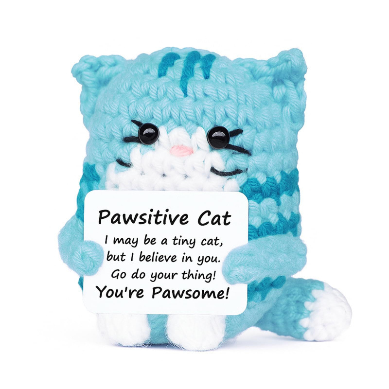 Blue Pawsitive Cat crochet plush with positive encouragement message card