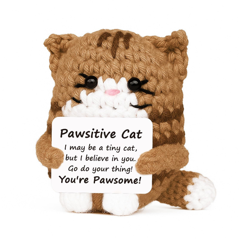 Brown Pawsitive Cat crochet plush with positive encouragement message card