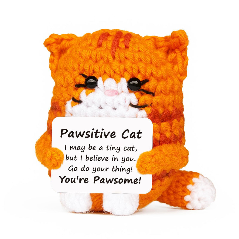 Orange Pawsitive Cat crochet plush with positive encouragement message card