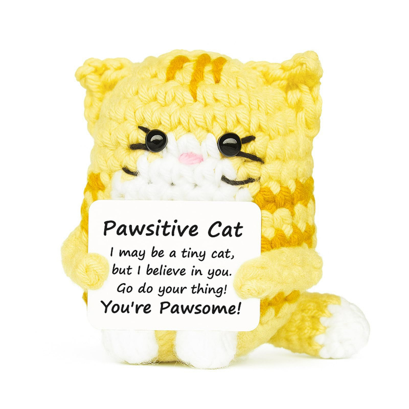 Yellow Pawsitive Cat crochet plush with positive encouragement message card